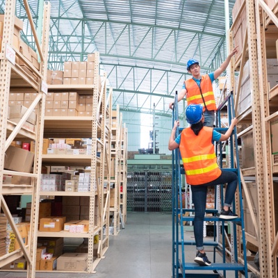 Working at height - people in warehouse on ladder