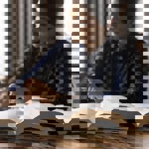 Lady working with books in foreground