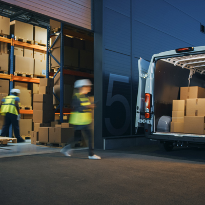 Outside of Logistics Distributions Warehouse with Workers Loading Delivery Truck with Cardboard Boxes