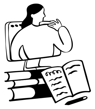 Person on Computer Screen on top of books with paper and pen