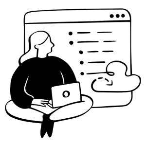 Lady sitting with laptop and web-screen in background